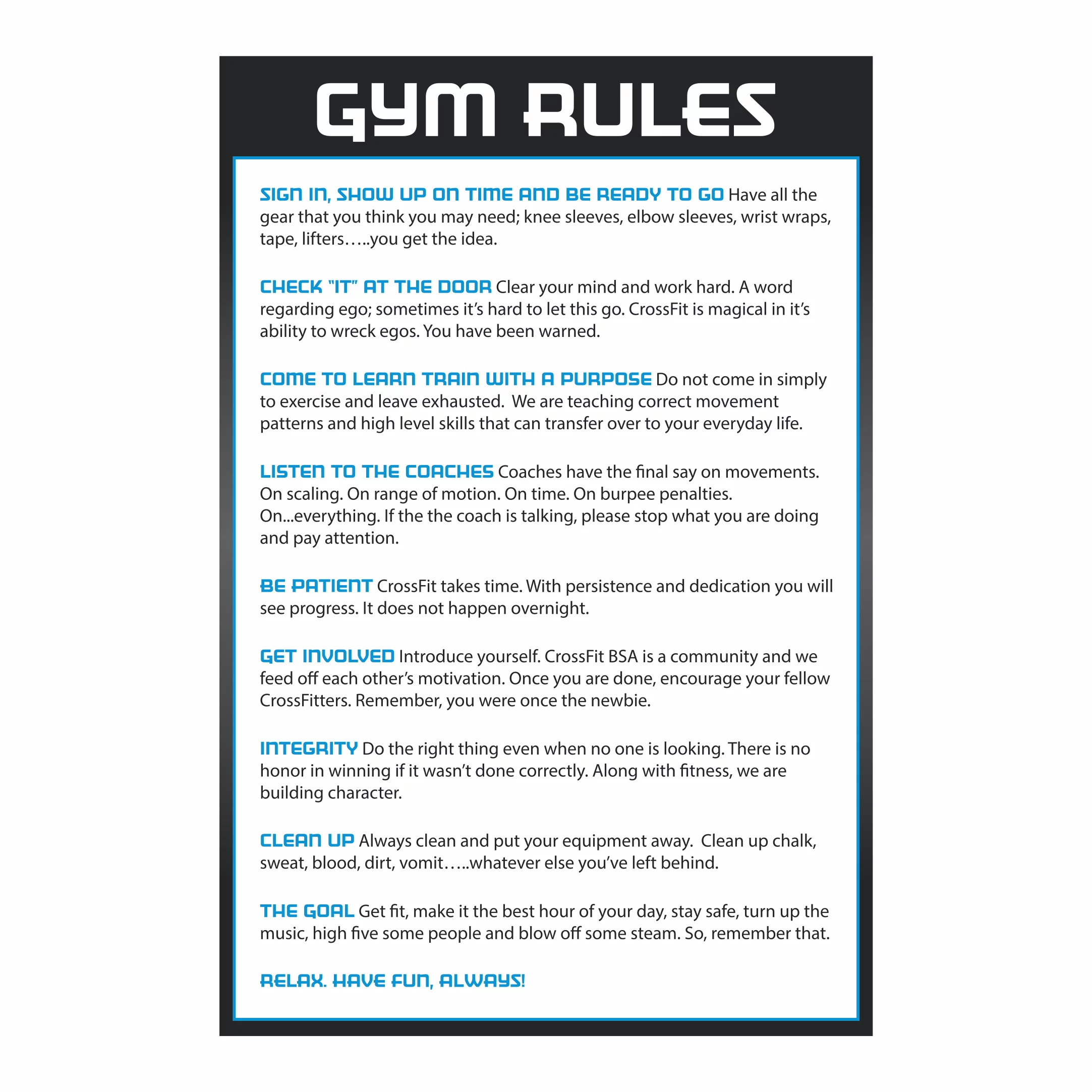 Gym Rules Board