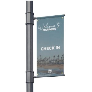 A vertical pole banner with bright, eye-catching graphics, ideal for outdoor advertising or event promotion.